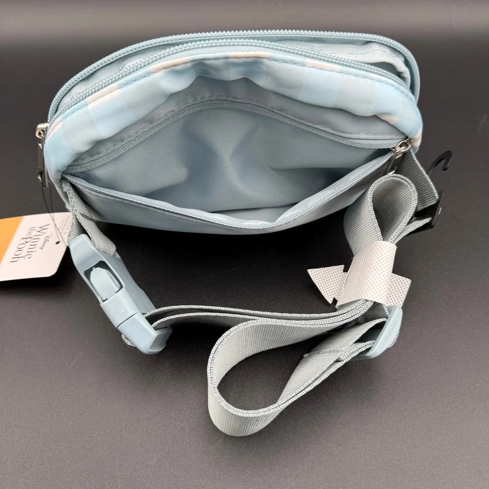 Disney Winnie Pooh Gingham Fanny Pack Blue White Bioworld Waist Bag Enamel Pin